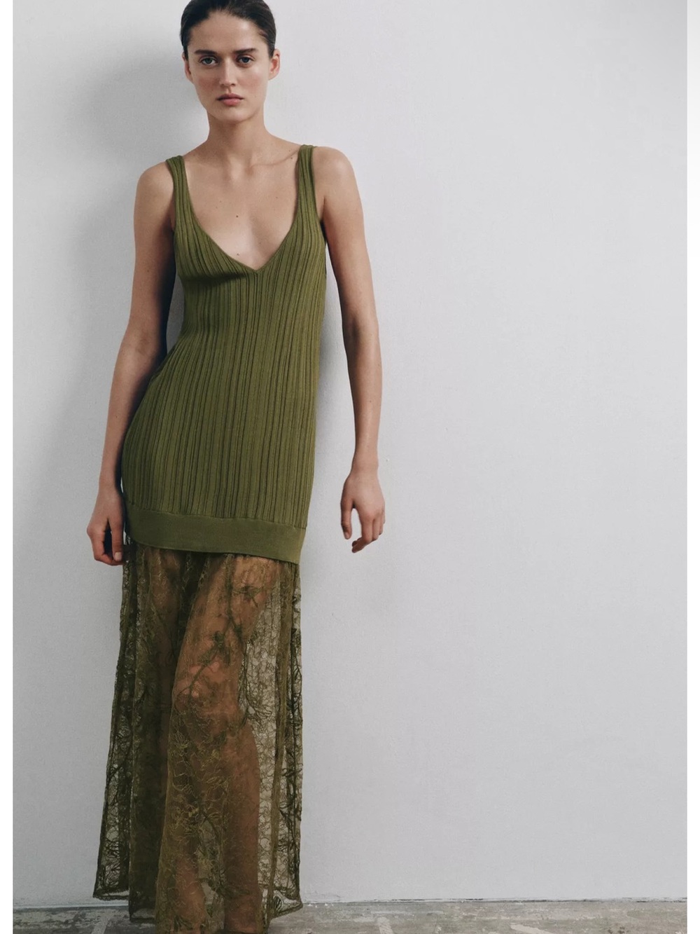 Zara Olive Green Ribbed Knit Maxi Dress with Sheer Lace Skirt